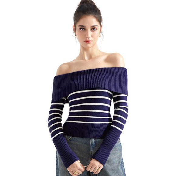 Sweaters - Women Blue White Off Shoulder Long Sleeve Tops Blouse Sweaters